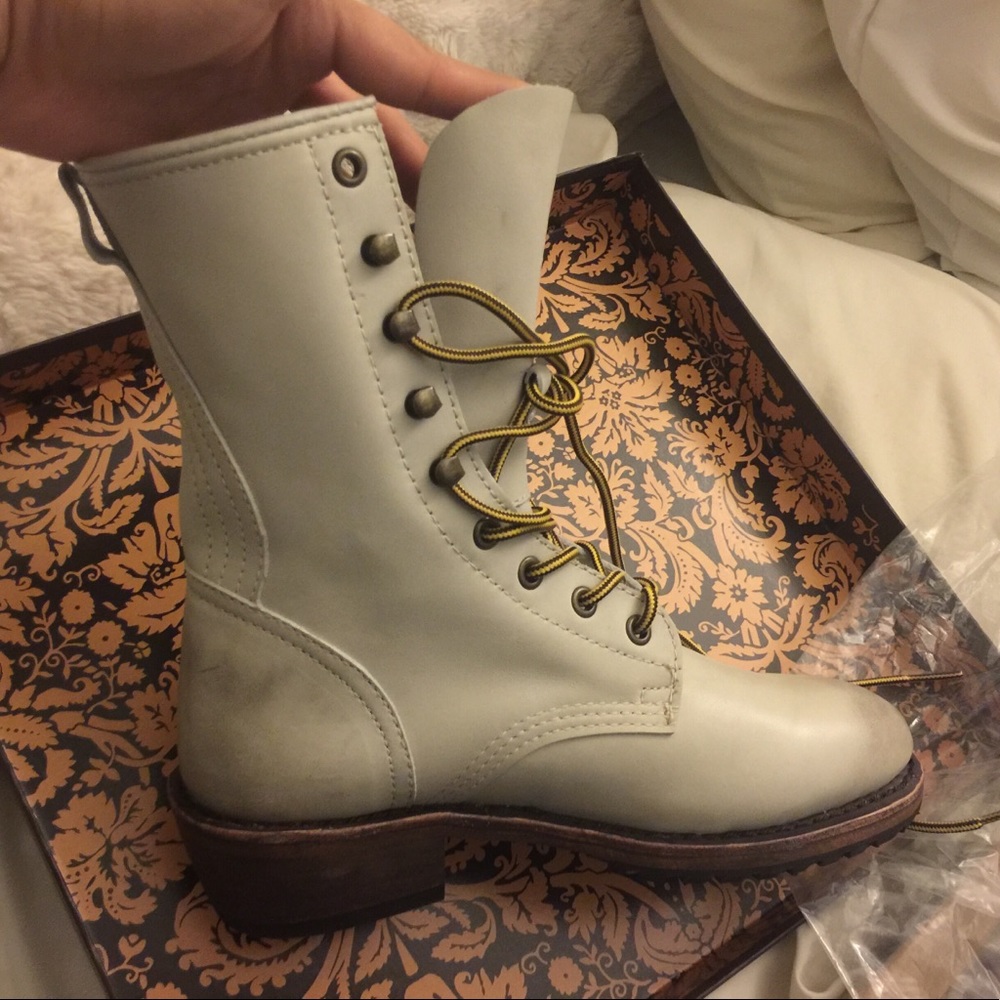 Gee WaWa White Leather Combat Boots